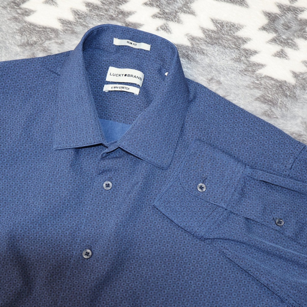 Lucky Brand Mens Slim Fit 4 Way Stretch Blue Geometric Long Sleeve Shirt Large